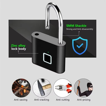 Outdoors Keyless USB Charging Smart Lock Fingerprint Padlock Waterproof Door Lock 0.2Sec Unlock Portable Anti-Theft Padlock Zinc