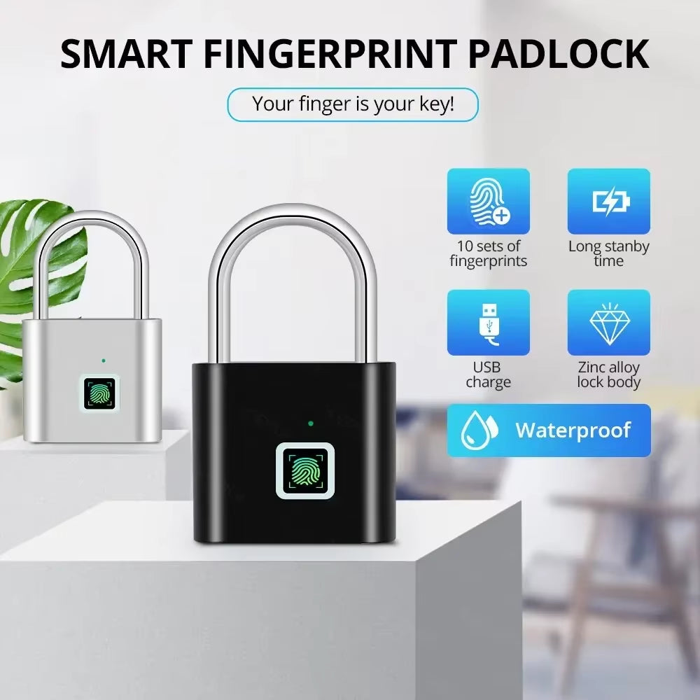 Outdoors Keyless USB Charging Smart Lock Fingerprint Padlock Waterproof Door Lock 0.2Sec Unlock Portable Anti-Theft Padlock Zinc